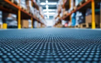 Textured rubber mat captures focus in a spacious warehouse with shelves lined with boxes, highlighting industrial storage conditions