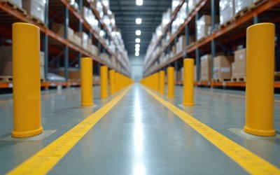 Wide perspective down a modern warehouse aisle with tall shelves stacked with goods. Yellow safety bollards and clear floor markings guide movement, and ensure order within the storage facility.
