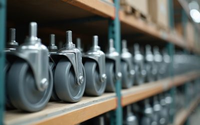 Metal casters with grey wheels sit on shelf in warehouse. Row of identical rolling parts ready for assembly or sale. Industrial inventory for furniture, and equipment.