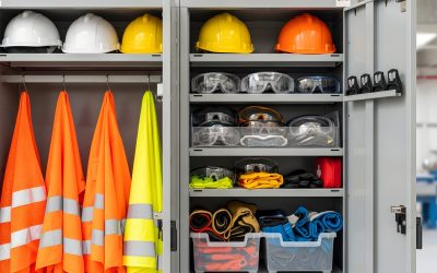 Workers store safety equipment in an industrial storage cabinet