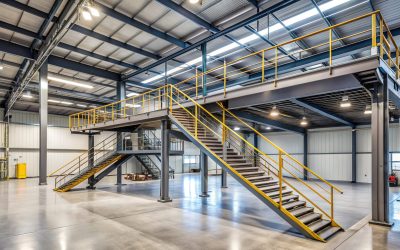 Industrial metal mezzanine with sleek temporary design, staircase, and machinery, surrounded by concrete floor and walls, conveying a sense of modern manufacturing facility.